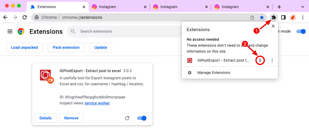 IGPostExport chrome extension install pin